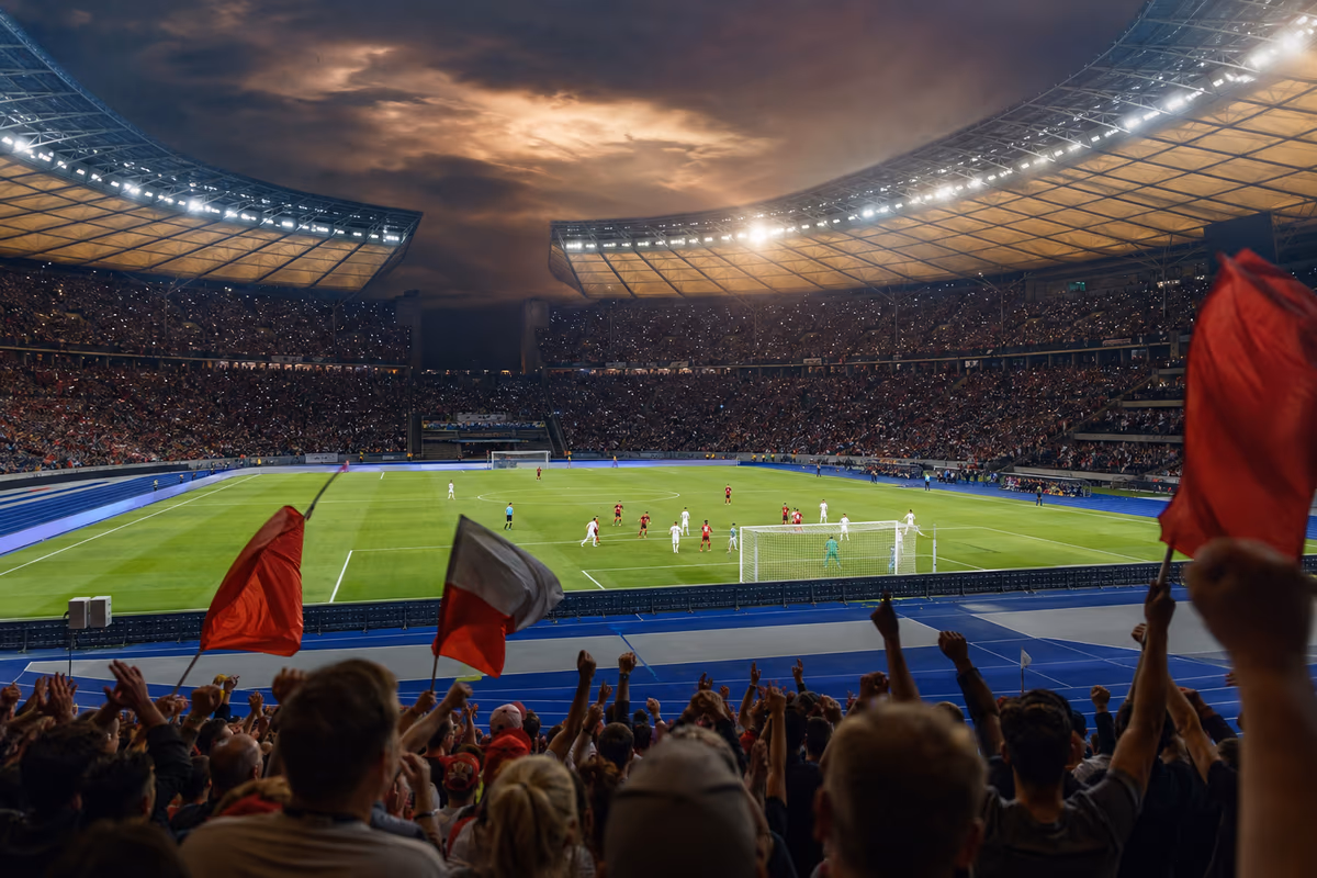 KI-generierte atmosphärische Szene eines Fußballfinales in einem großen Stadion