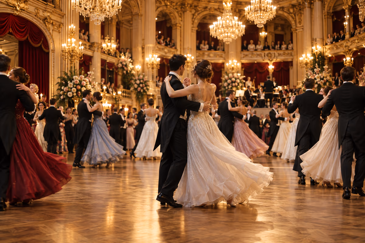 Elegant gekleidete Paare tanzen Walzer in einem festlich beleuchteten historischen Ballsaal in Wien.