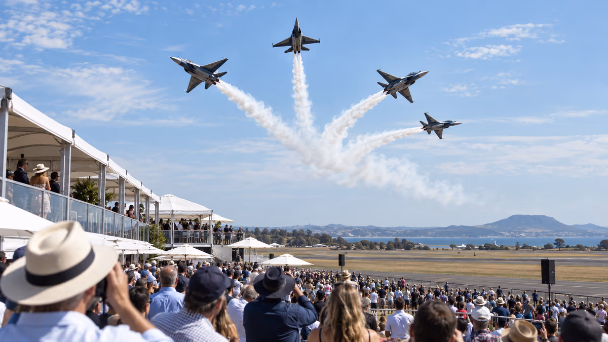 Jet aircraft performing above an Australian airshow crowd and corporate hospitality chalets. AI-generated image.