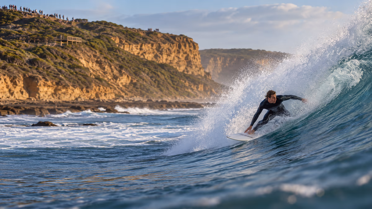 Rip Curl Pro Bells Beach 2027 – illustrative event scene. AI-generated image.