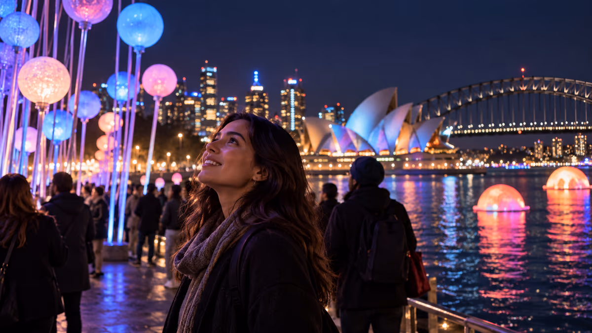 Vivid Sydney 2027 – illustrative event scene. AI-generated image.