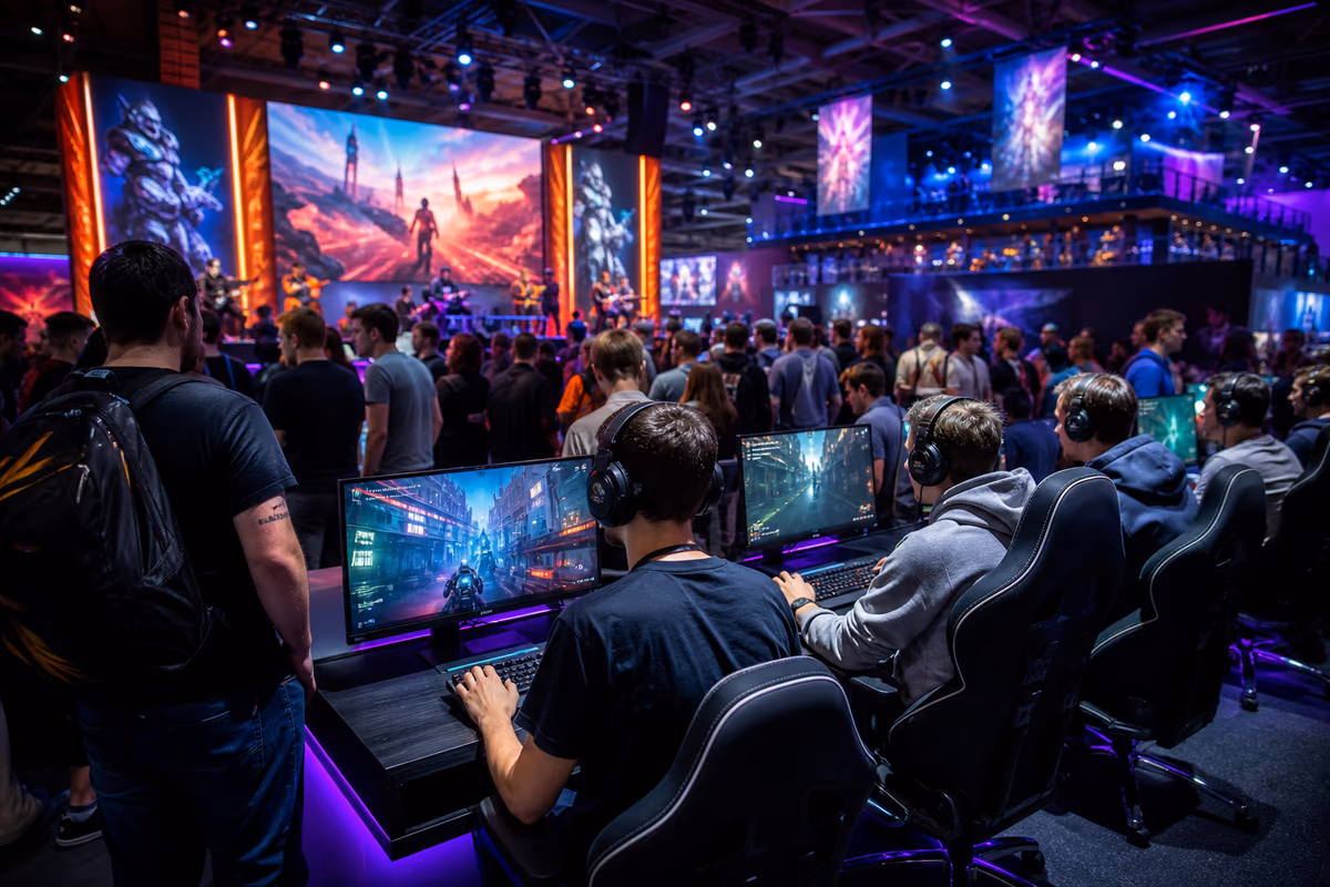 KI-generierte Szene einer großen Gaming-Messe mit Besuchern und Spielstationen