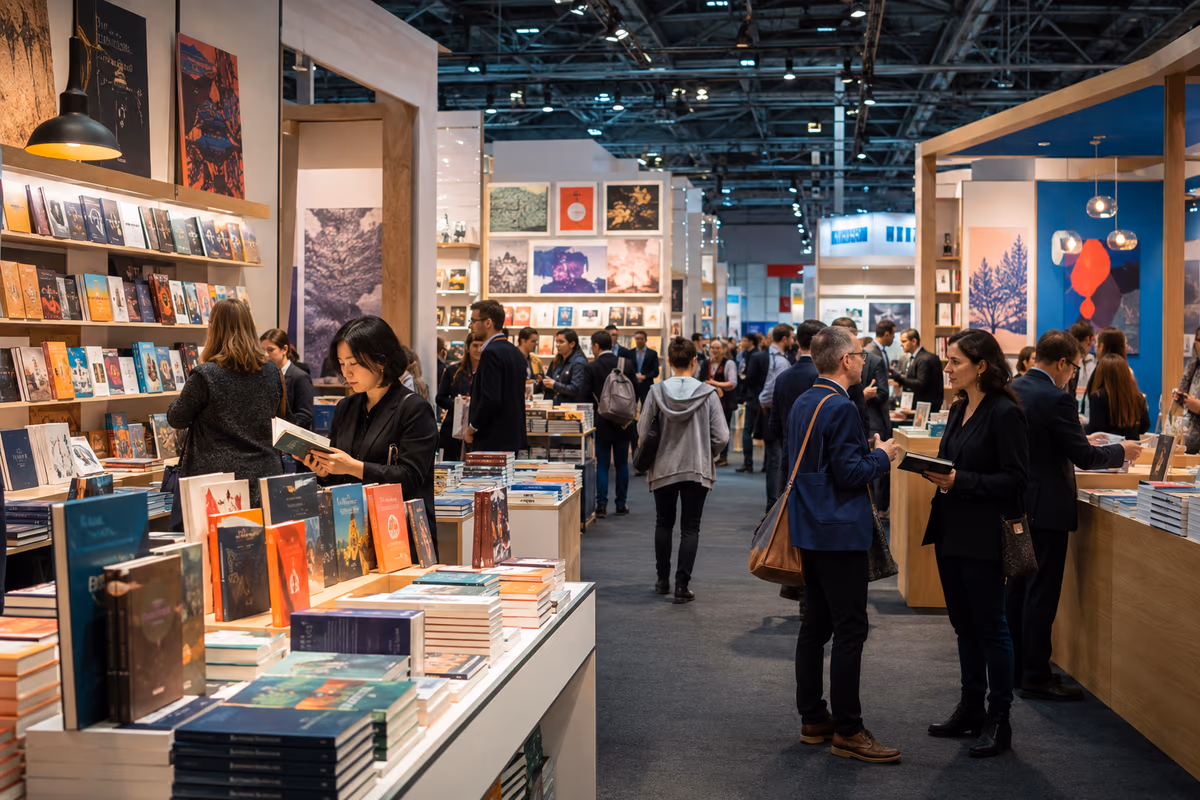 KI-generierte Szene einer internationalen Buchmesse mit Besuchern und Buchständen