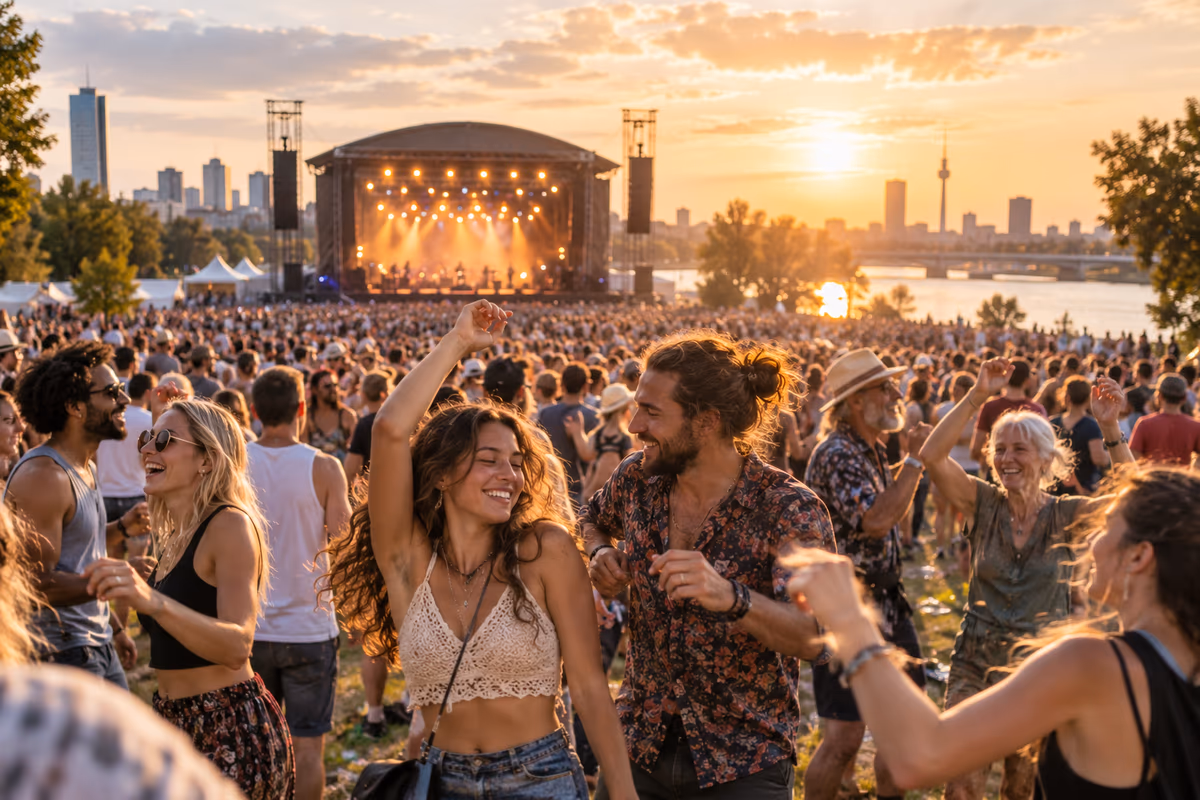 Fröhliches Publikum bei einem großen Open-Air-Festival am Wiener Donauufer in sommerlicher Abendstimmung.