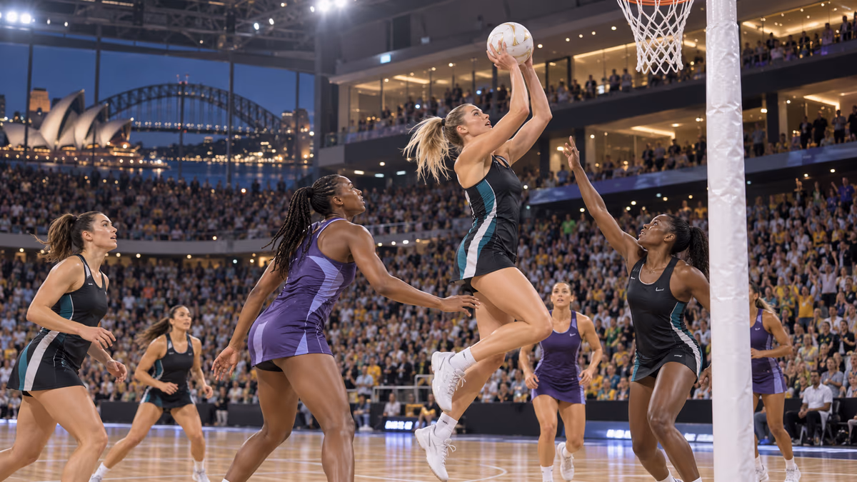 Elite netball players competing in a packed Sydney arena with premium hospitality suites. AI-generated image.