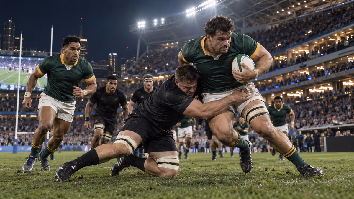 International rugby match in a packed Australian stadium with premium hospitality suites. AI-generated image.