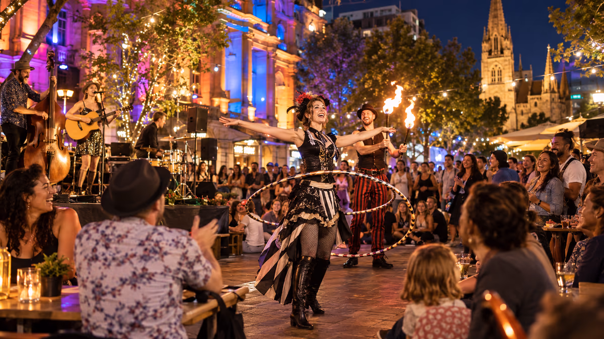 Colourful outdoor Fringe performances and festival crowd in Adelaide at dusk. AI-generated image.